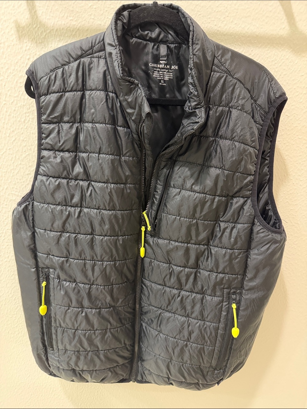 Caribbean Joe Men's Dark Gray Quilted Puffer Vest with Neon Yellow Accents